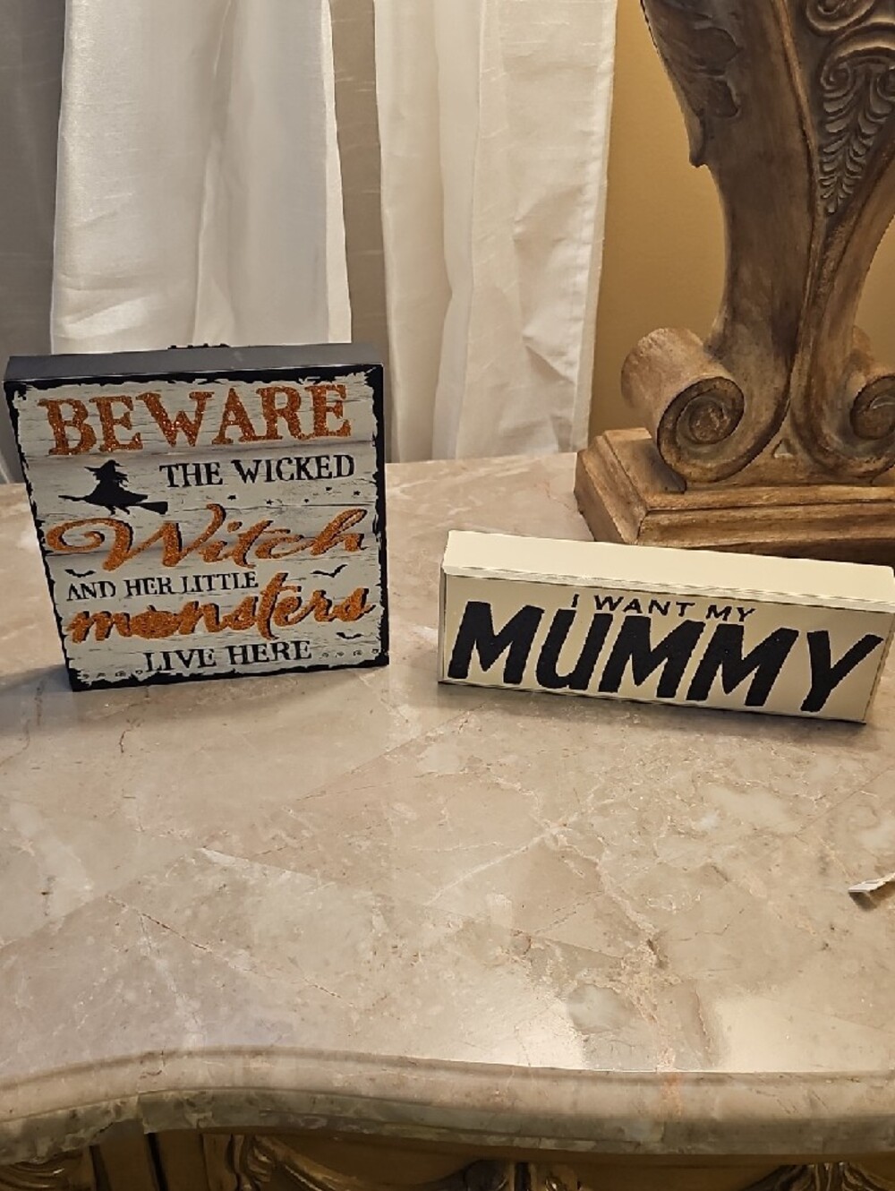 Cream and Black "Mummy" Decorative Block Sign And Beware Monster Home Wall Decor